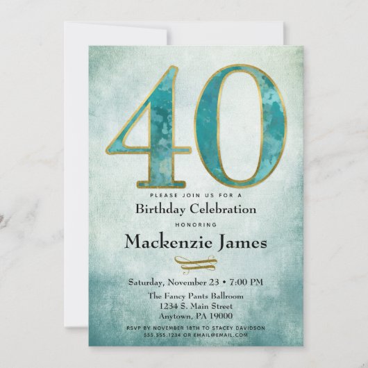 40e anniversaire Invitation Turquoise Blue Gold Ad (Devant)