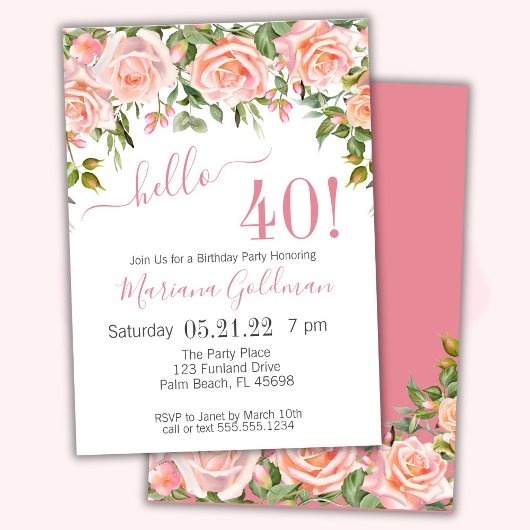 40e anniversaire Invitations Pink Floral Modern Pa