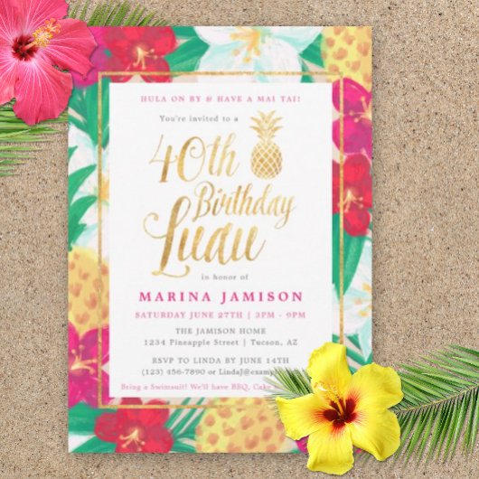 40e anniversaire Luau Invitations | Rose & Or