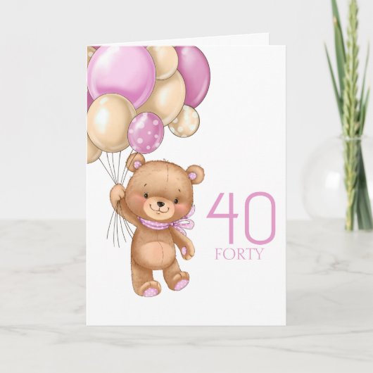 40e anniversaire mignon ballons roses fille carte (Devant)