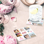 40e anniversaire photo collage blanc<br><div class="desc">Un dessous de verre de fête pour une fête de 40e anniversaire,  célébrant sa vie avec un collage de 8 de vos photos. Modèles pour un nom,  âge 40 et une date. Date de naissance ou date de la fête. Corail et lettres bordeaux. Fond blanc.</div>
