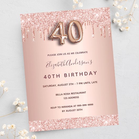 40e anniversaire rose or rose gouttes invitation