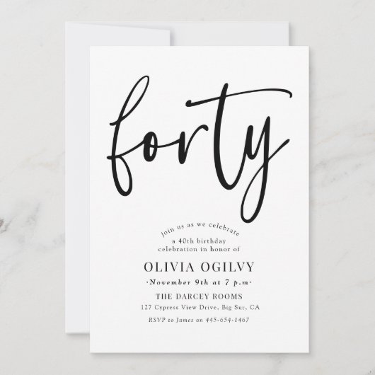 40e B & W Verjaardagsfeest Moderne Script Typograf Kaart (Voorkant)