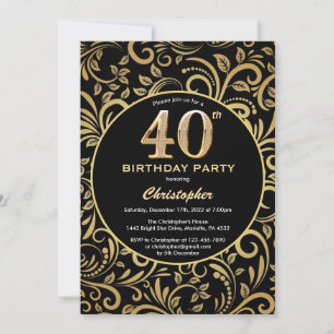 40e Birthday Black en Gold Floral Pattern Kaart