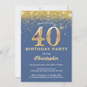 40e Birthday Blue en Gold Glitter Confetti Kaart