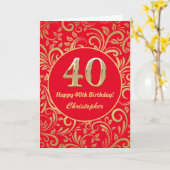40e Birthday Red en Gold Floral Pattern Kaart (Gele Bloem)