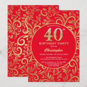 40e Birthday Red en Gold Floral Pattern Kaart (Voorkant / Achterkant)