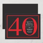 40e Birthday Red en zwart karton Kaart (Voorkant / Achterkant)