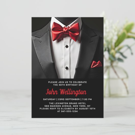 40e Black and Red Tuxedo verjaardagsfeest Kaart (Staand voorkant)