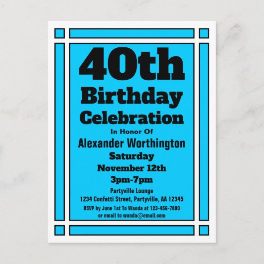 40e Bleu clair Invitation Anniversaire Carte posta (Devant)