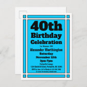 40e Bright Blue Birthday Invitation Briefkaart (Voorkant / Achterkant)