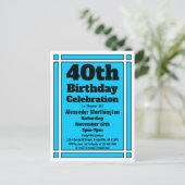 40e Bright Blue Birthday Invitation Briefkaart (Staand voorkant)