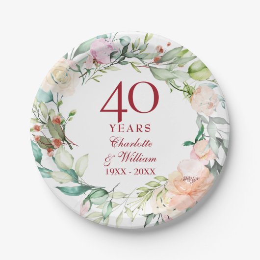 40e bruiloft chique rozen bloemig papieren bordje (Voorkant)