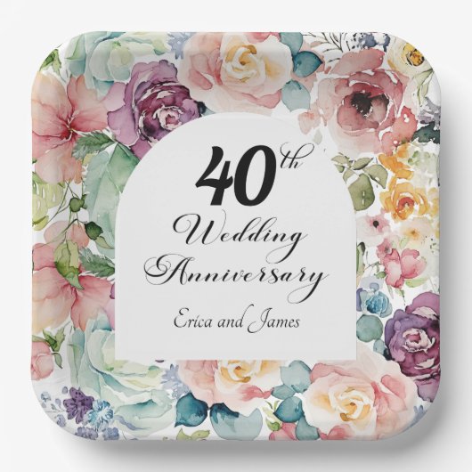 40e bruiloft Jubileum Elegant Script Floral Papieren Bordje (Voorkant)