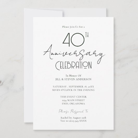 40e bruiloft Jubileum Elegant Script Invitation Kaart (Voorkant)