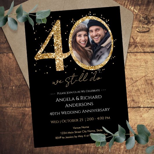 40e bruiloft Jubileum Gouden Glitter Foto Kaart