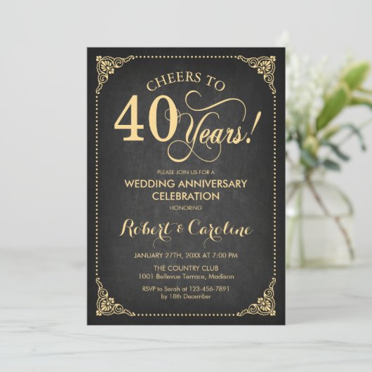 40e bruiloft Jubileum - Gouden schoolbord Kaart (Staand voorkant)