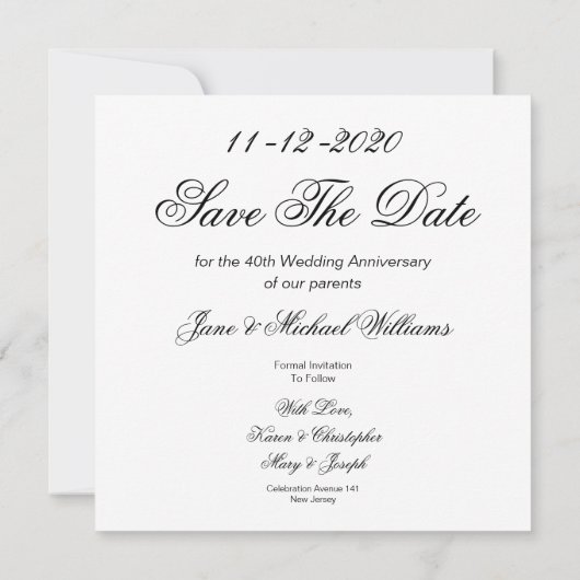 40e bruiloft Jubileum ouders 2020 legant Save The Date (Achterkant)