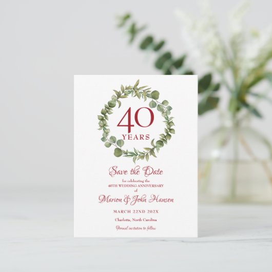 40e bruiloft Jubileum Ruby Save the Date Aankondigingskaart (Staand voorkant)