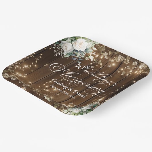 40e bruiloft Jubileum Rustieke String Lights Papieren Bordje (Gebogen)