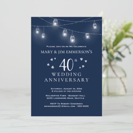 40e bruiloft Jubileum - String Lights Kaart (Staand voorkant)