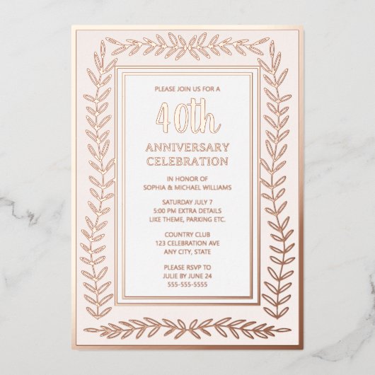 40e bruiloft Jubileum uitnodiging Botanisch Roos (Voorkant)