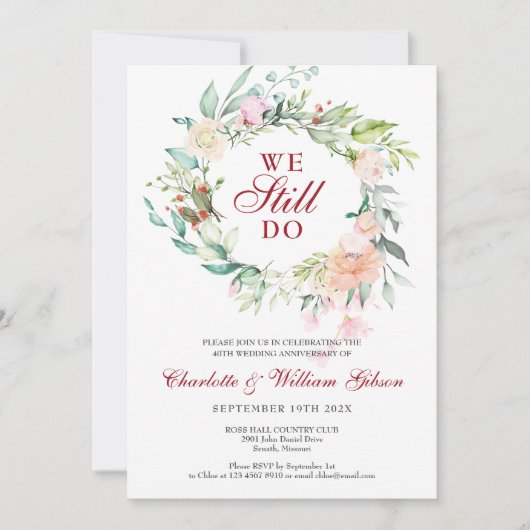 40e bruiloft Ruby Jubileum Vow Renewal Floral Kaart (Voorkant)