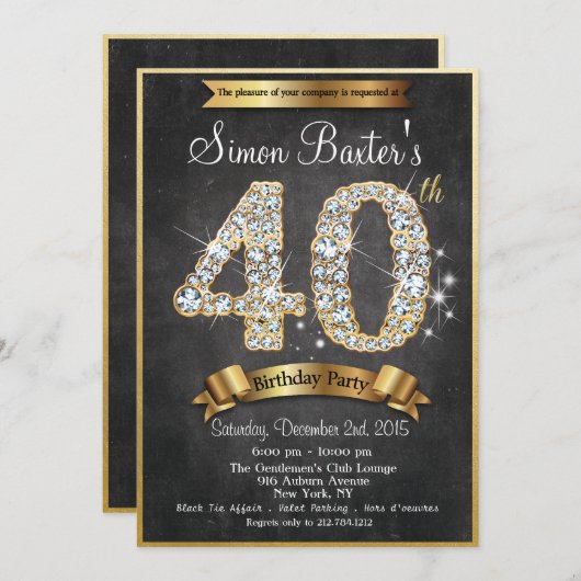 40e Gold Diamond Chalkboard Invitation Anniversair (Devant / Derrière)