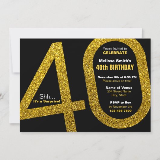 40e Gold Glitter Birthday Invitation Kaart (Voorkant)