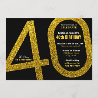 40e Gold Glitter Birthday Invitation Kaart