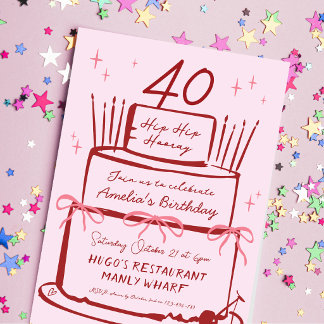 40e Hand Getekende Hedendaagse Funky Cake Roze Str Kaart