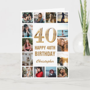 40e Happy Birthday Gold en White Photo Collage Kaart