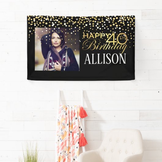 40e Happy Birthday-ontwerp met gouden confetti Spandoek (Insitu)