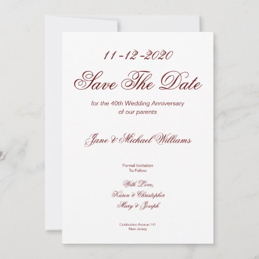 40e huwelijksjubileum Jubileum 2020 Elegante Rood Save The Date (Achterkant)