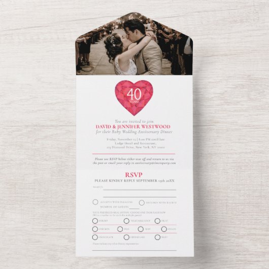 40e huwelijksjubileum robijnen bruiloft rode hart all in one uitnodiging (Binnen)