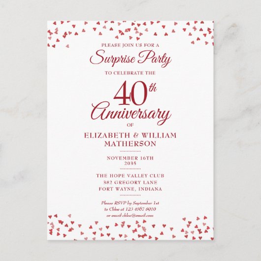40e huwelijksjubileum Robijnen Hart Verrassingsfee Aankondigingskaart (Voorkant)