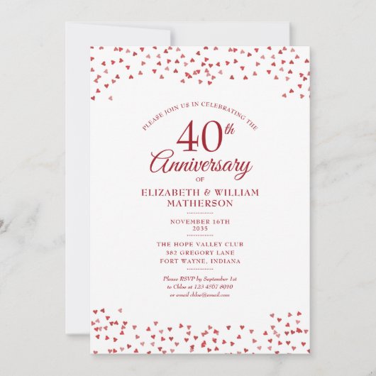 40e huwelijksjubileum Robijnen Hartjes Confetti Kaart (Voorkant)