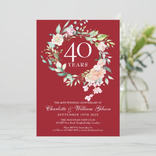 40e huwelijksjubileum rozenkrans robijn kaart (Staand voorkant)