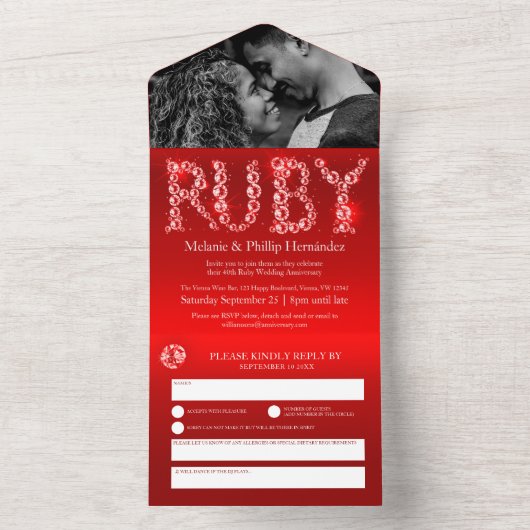 40e huwelijksverjaardag robijnen bruiloft geen env all in one uitnodiging (Binnen)