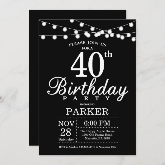 40e Invitation d'anniversaire noir et blanc (Devant / Derrière)