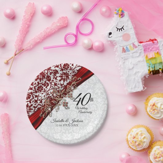 40e Jubileum met rode en witte bruiloft Papieren Bordje (Feest)