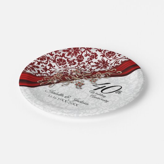 40e Jubileum met rode en witte bruiloft Papieren Bordje (Gekanteld)