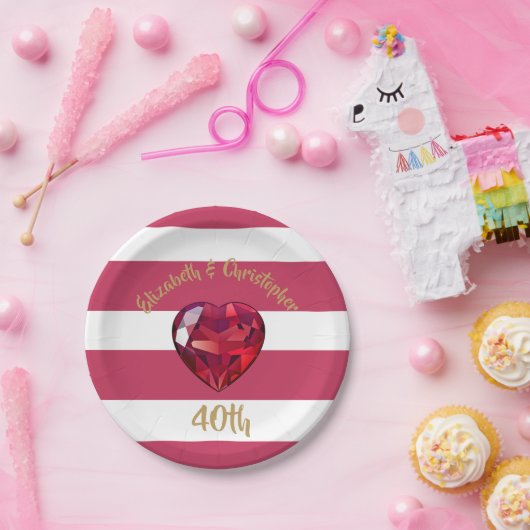 40e Jubileum Rood gestreept legant Papieren Bordje (Feest)