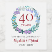 40e Jubileum Ruby Bluebells Floral Wreath Wijn Etiket (Enkel label)