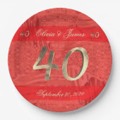 40e Jubileum Ruby Bruiloft Elegant Rood en Goud Papieren Bordje (Voorkant)