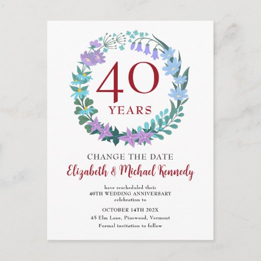 40e Jubileum Ruby Floral Bluebells Change Date Briefkaart (Voorkant)