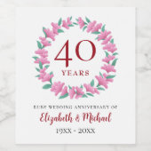 40e Jubileum Ruby Floral Pink Flowers Wreath Wijn Etiket (Enkel label)