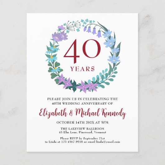 40e Jubileum Ruby Floral Wreath Invitation (Voorkant)