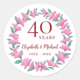 40e Jubileum Ruby Pink Green Floral Wreath Ronde Sticker