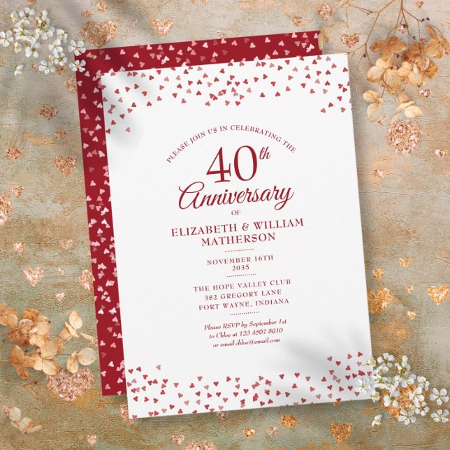 40e Jubileum van het huwelijk Ruby Hearts Confetti Kaart